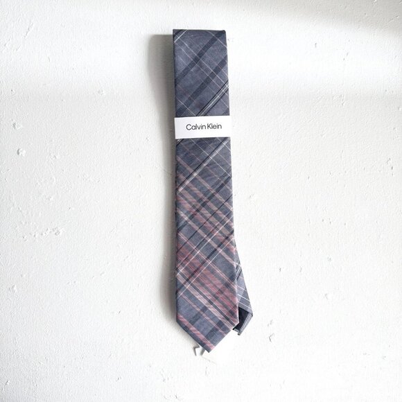 Calvin Klein Grey Pink Plaid Skinny Tie - Picture 2 of 5